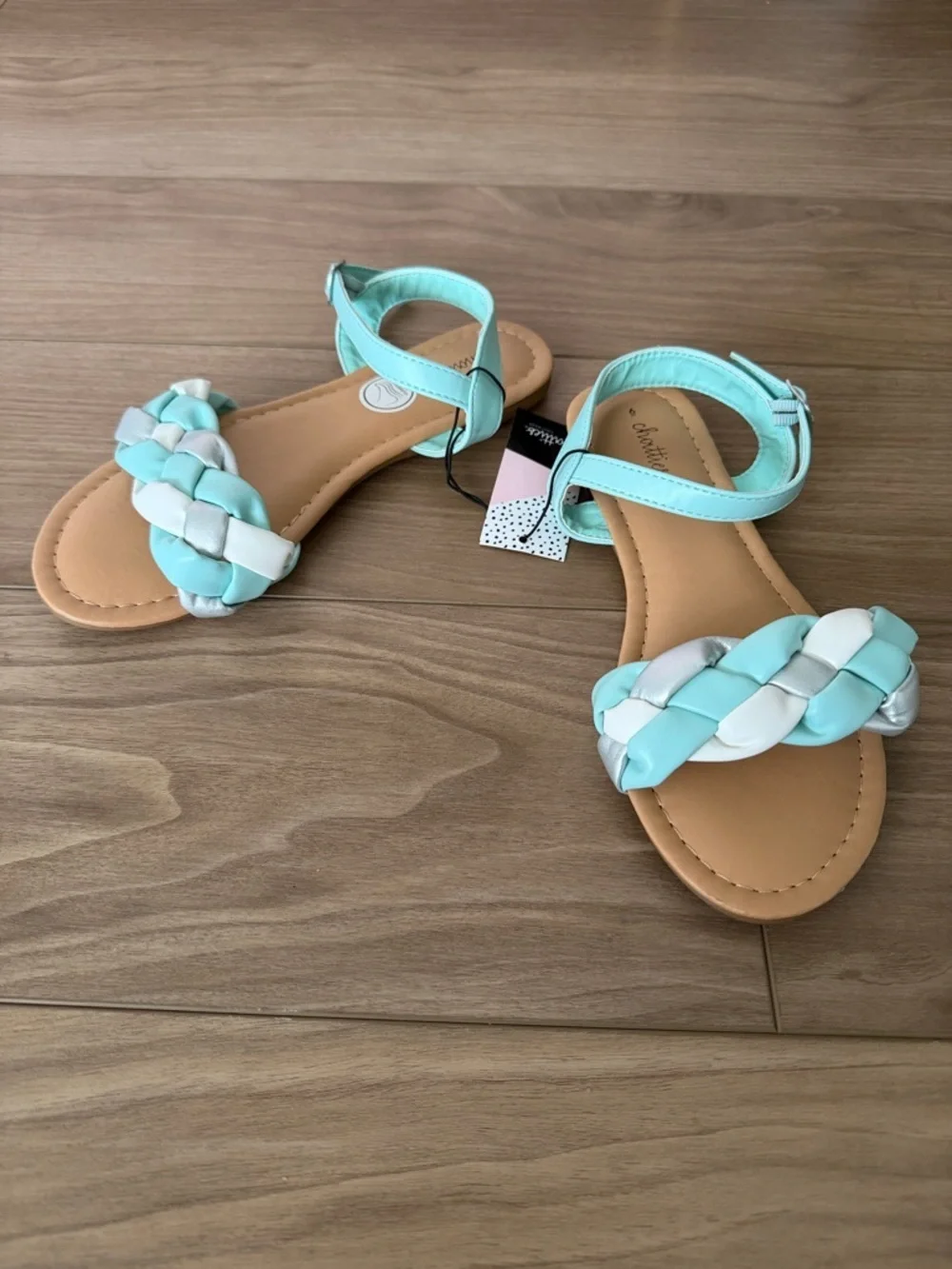 Mint, White & Silver Braided Ankle Strap Sandals